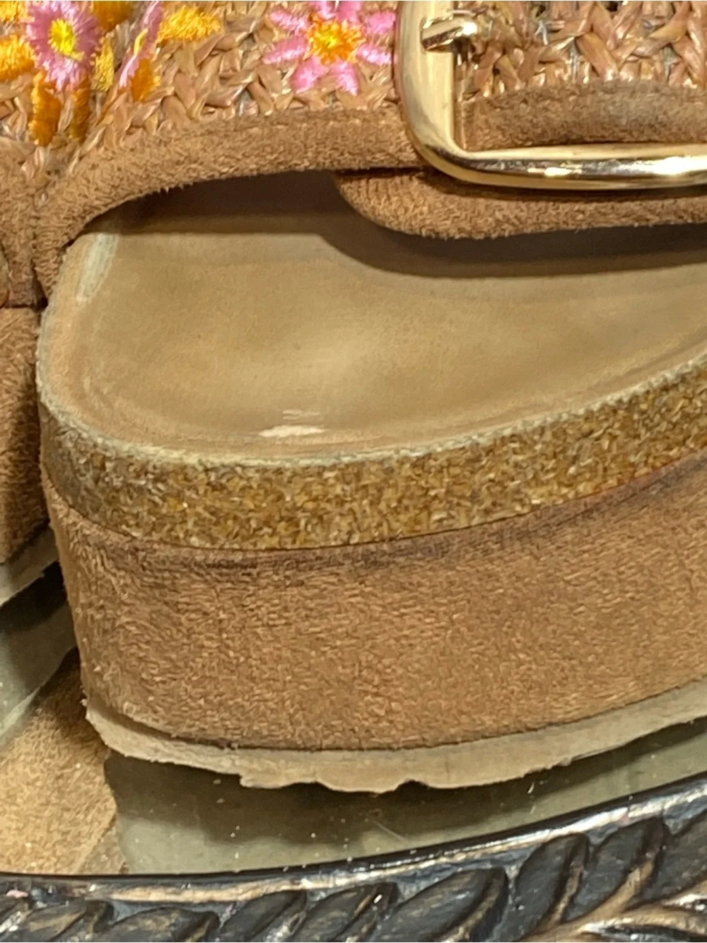 Embroidered Tan Suede Platform Slide Sandals with Buckles